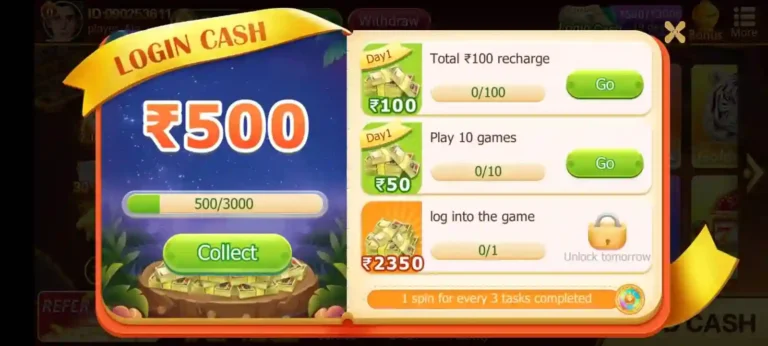 Teen Patti Gold login cash bonus screen showing daily rewards and cash collection tasks